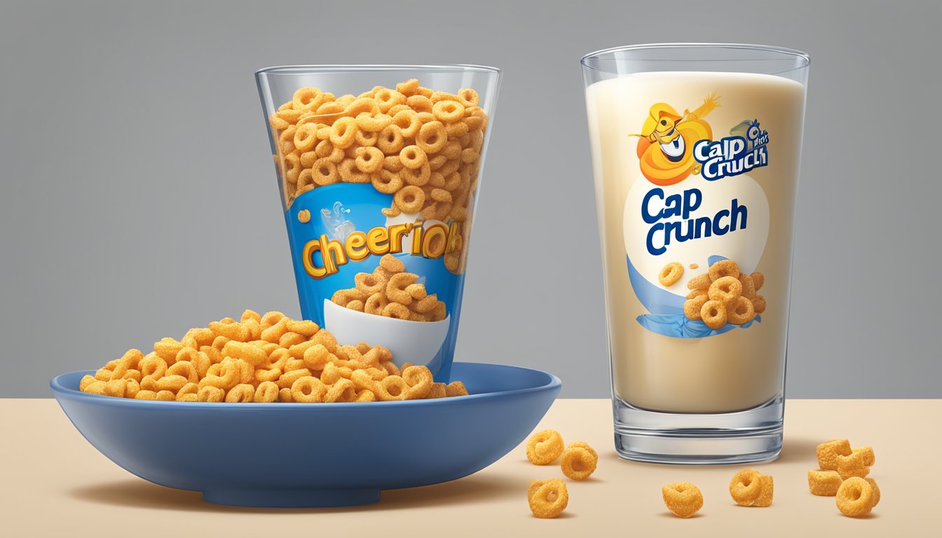 A bowl of Cap'n Crunch and Cheerios side by side, with a glass of milk. Nutritional information displayed nearby