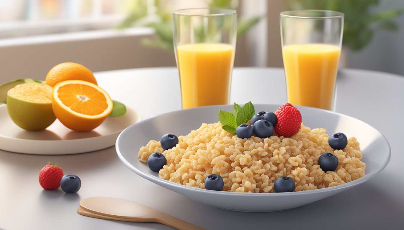 A bowl of All Bran and Rice Krispies surrounded by fresh fruit and a glass of orange juice on a breakfast table