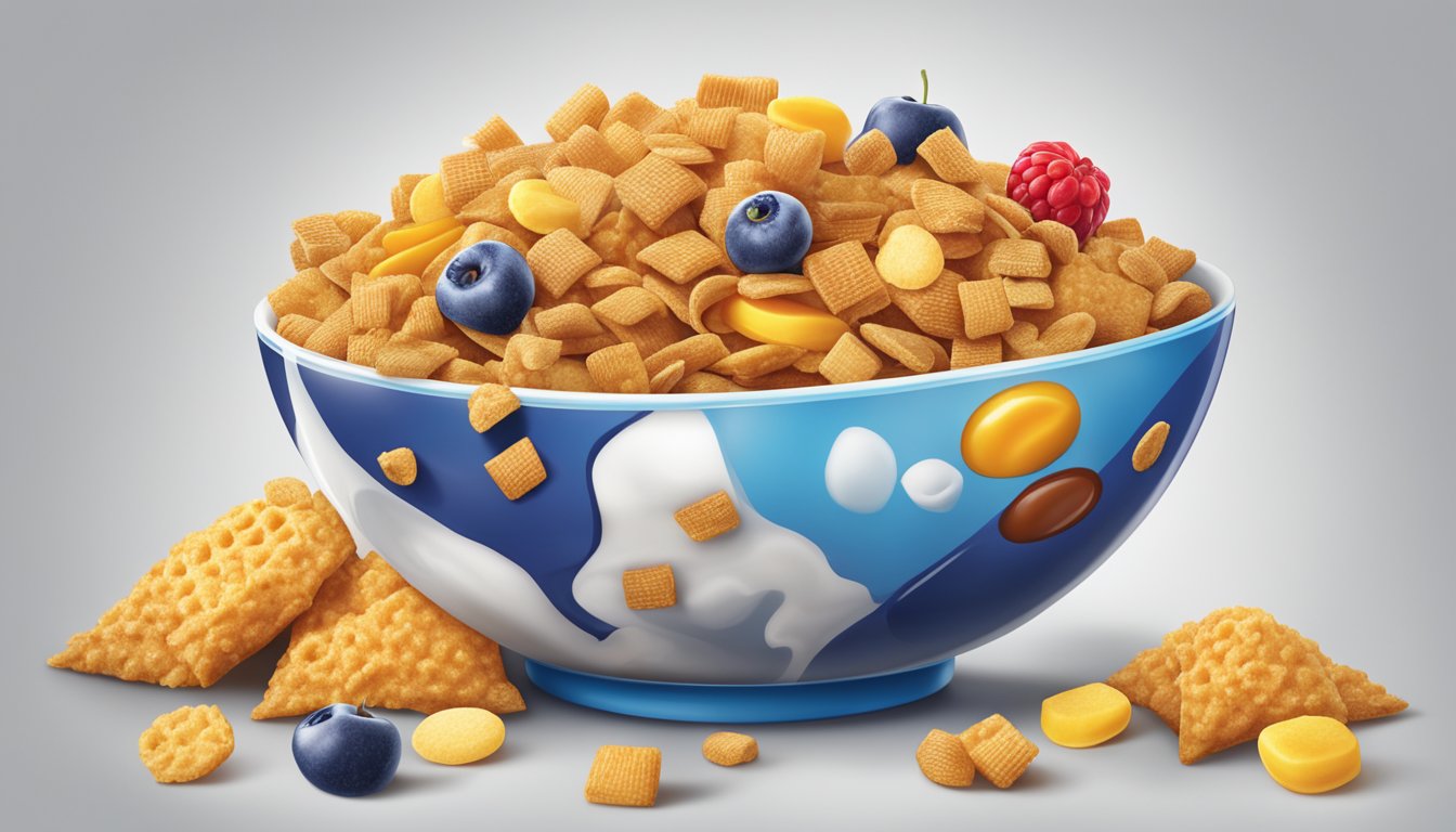 A bowl of Cap'n Crunch and Chex cereal side by side, surrounded by a variety of fresh fruits and a glass of milk