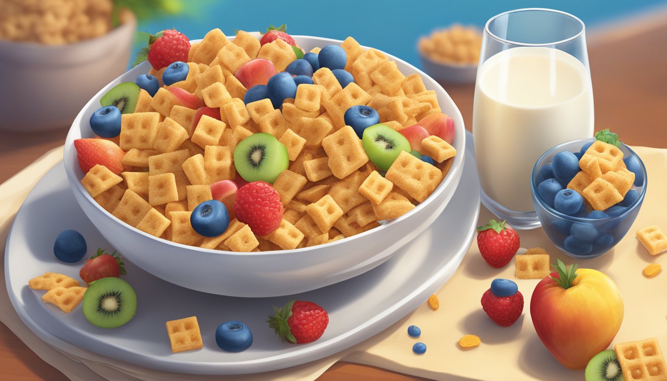 A bowl of Cap'n Crunch and Chex cereal side by side, surrounded by a variety of fresh fruits and a glass of milk