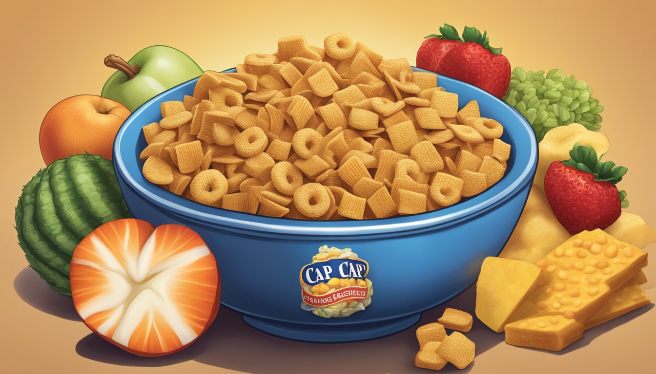 A bowl of Cap'n Crunch and Chex cereal side by side, surrounded by fruits and vegetables