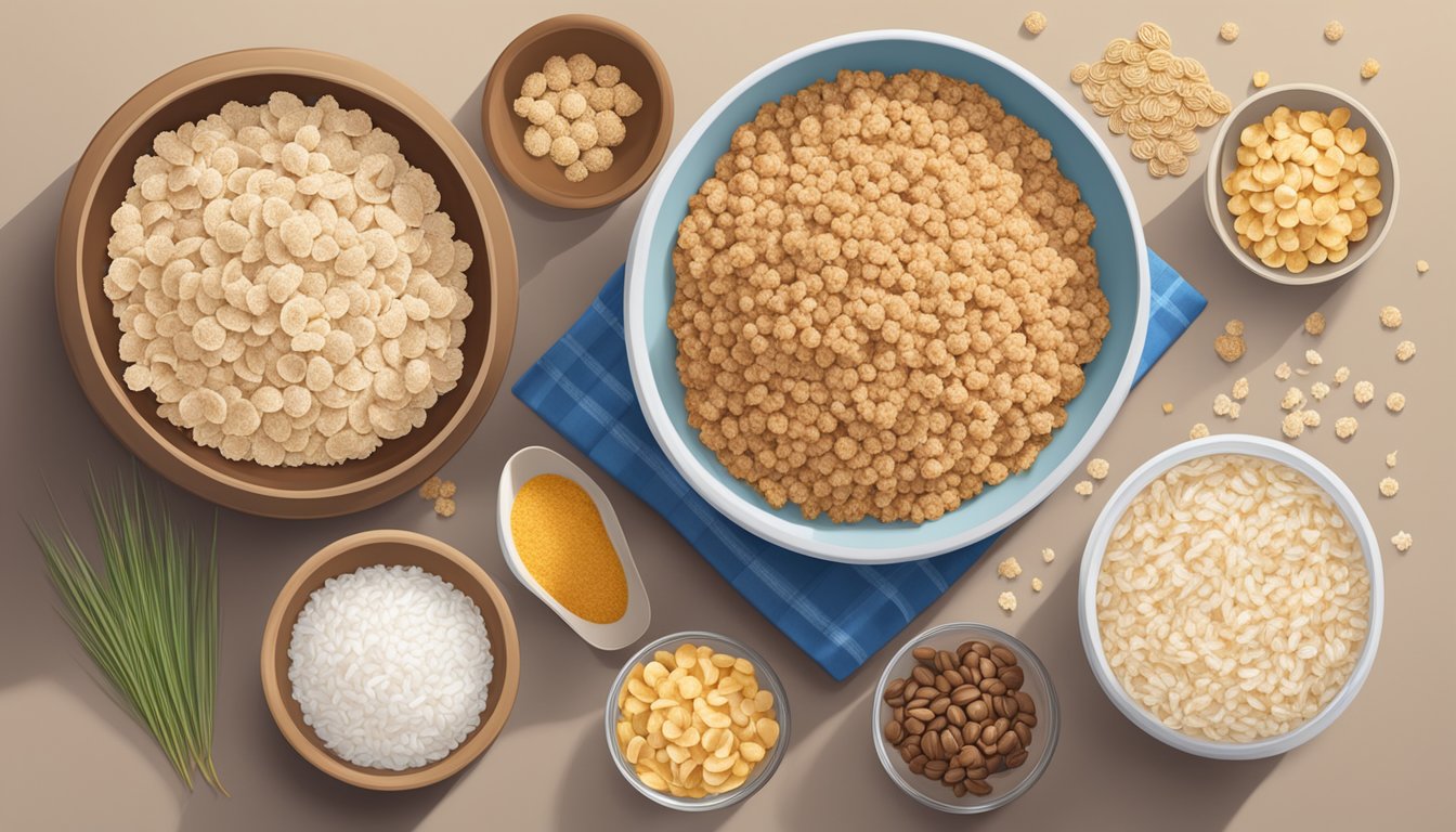 A bowl of all-bran and a bowl of rice krispies surrounded by various ingredients and additives