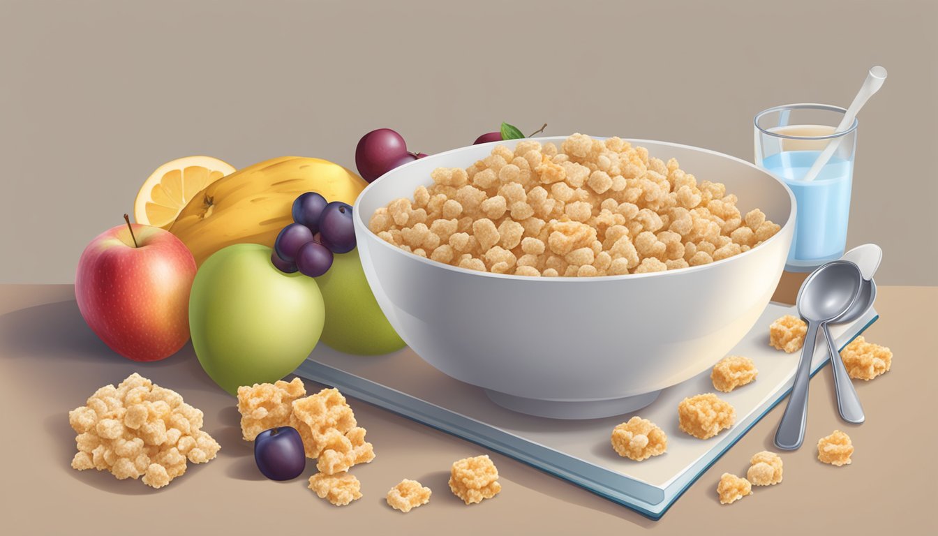 A bowl of All Bran and a bowl of Rice Krispies surrounded by various fruits and a glass of milk