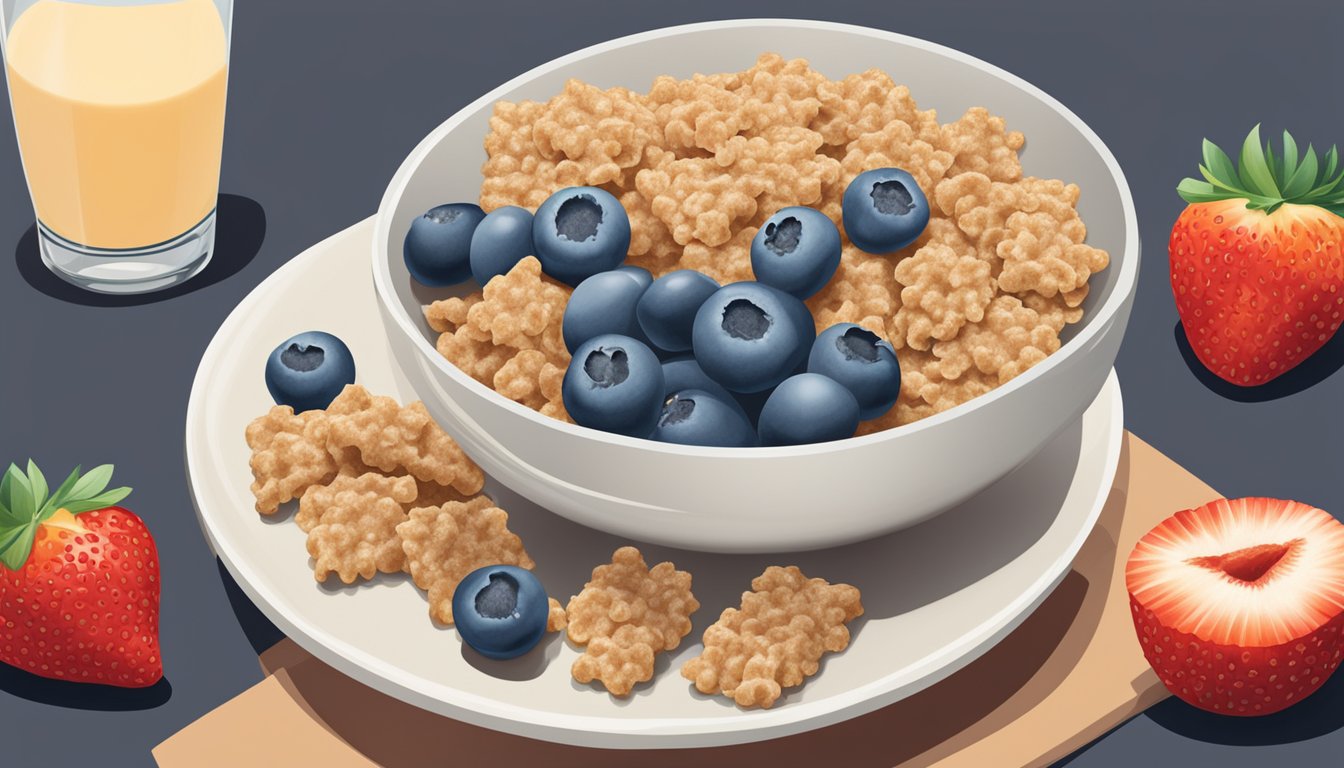 A bowl of all-bran cereal sits next to a bowl of rice krispies, surrounded by fresh fruit and a glass of milk