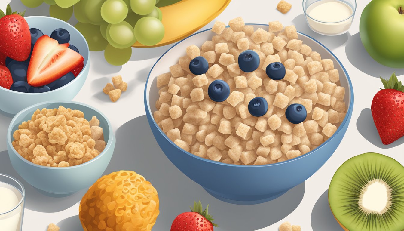 A bowl of All Bran and a bowl of Rice Krispies sit side by side, surrounded by fresh fruits and a glass of milk