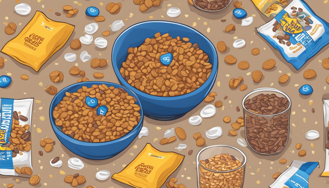 A bowl of Cap'n Crunch and Cocoa Pebbles side by side, surrounded by nutritional labels and a scale, symbolizing the comparison of their health benefits