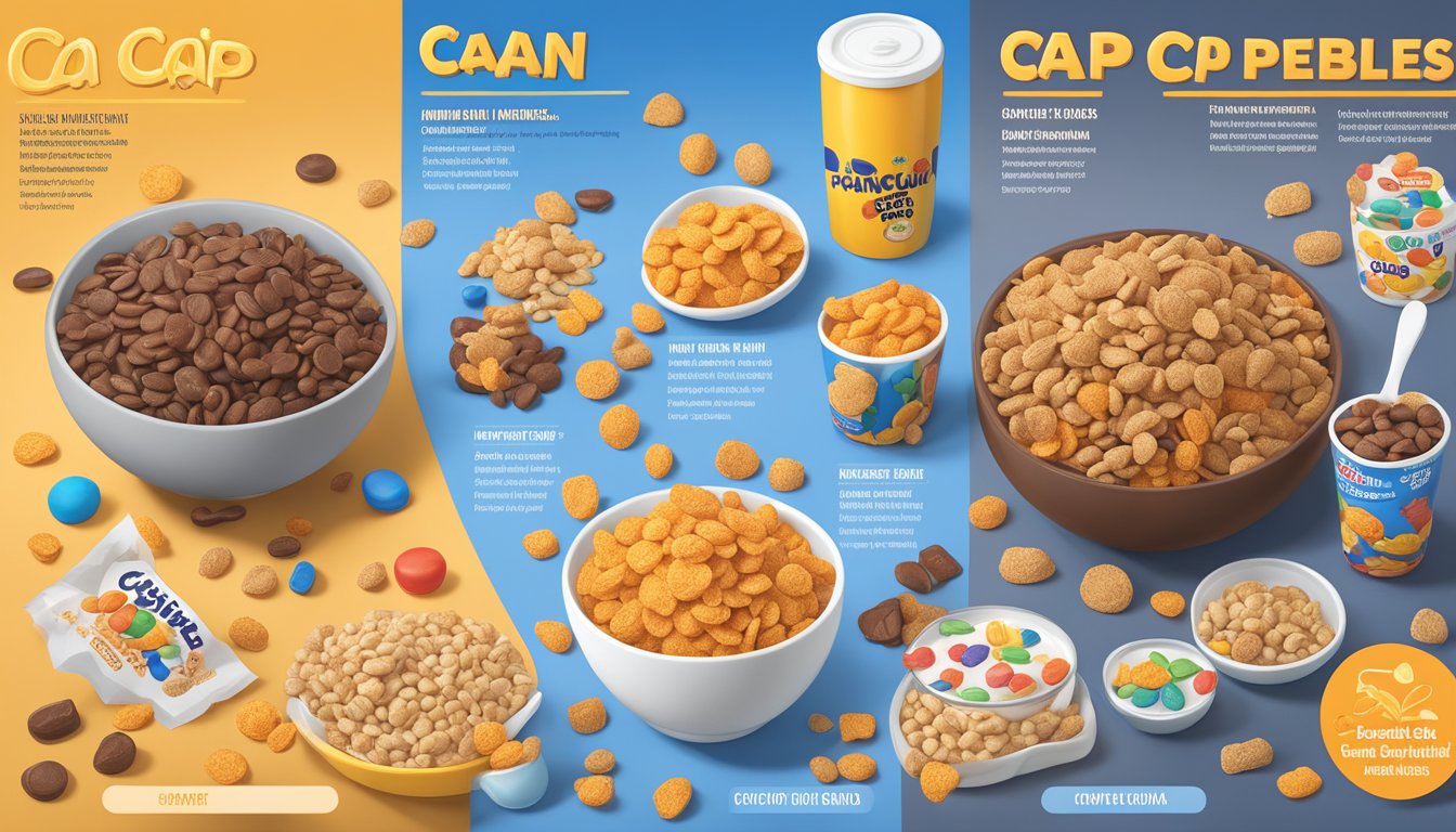 A bowl of Cap'n Crunch and Cocoa Pebbles side by side, surrounded by various nutritional labels and comparison charts