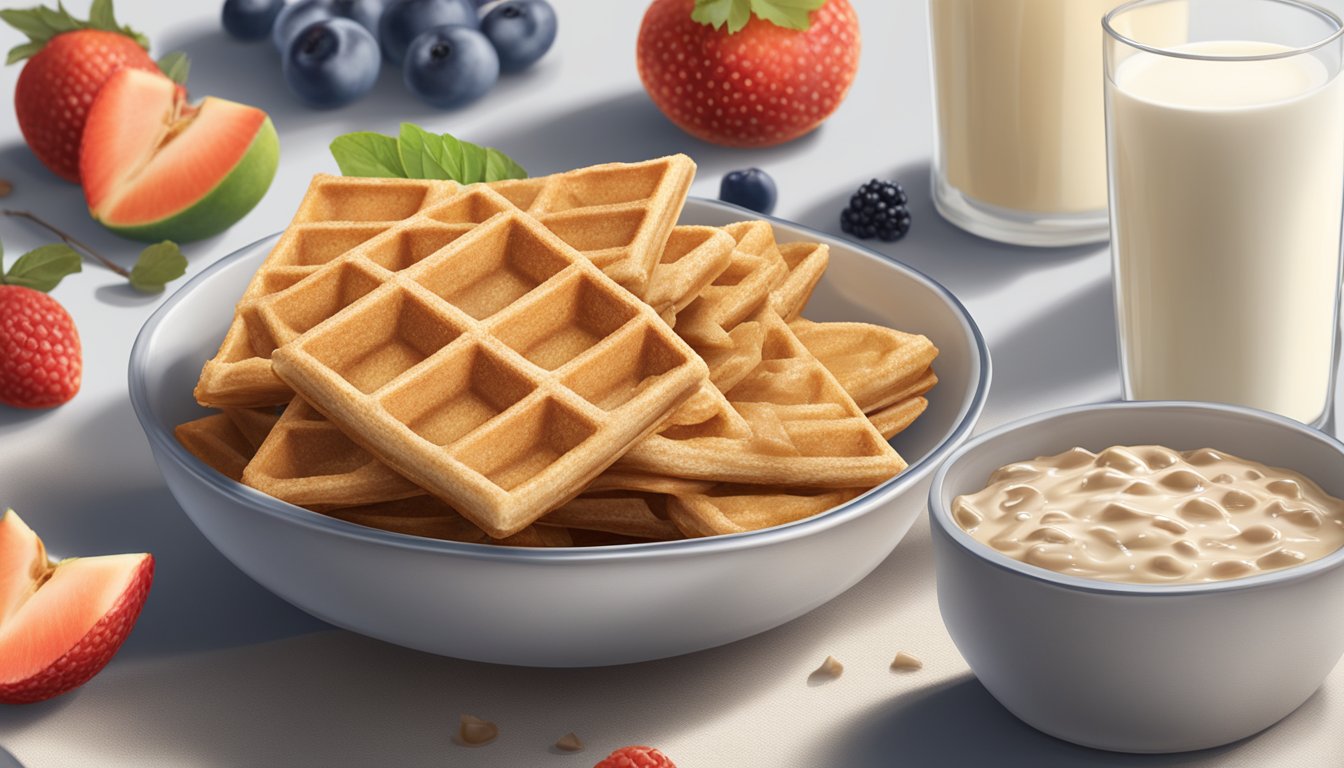 A bowl of All-Bran and a bowl of Waffle Crisp sit side by side, surrounded by fresh fruit and a glass of milk