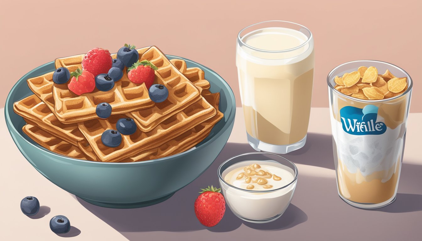 A bowl of All Bran next to a bowl of Waffle Crisp, surrounded by various fruits and a glass of milk