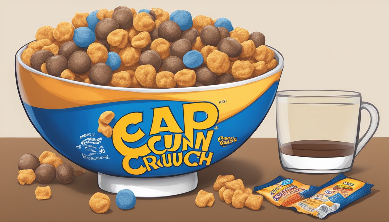 A bowl of Cap'n Crunch and Cocoa Puffs with nutritional labels