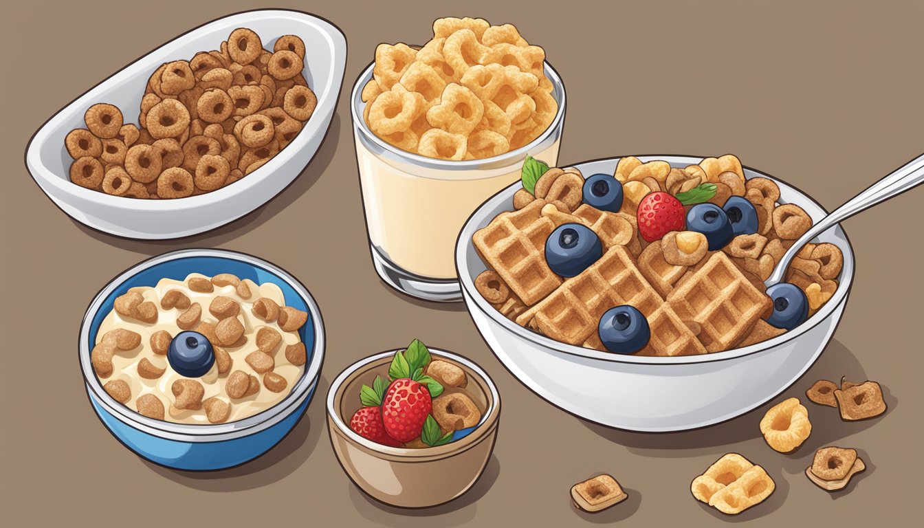 A bowl of All-Bran cereal next to a bowl of Waffle Crisp cereal, surrounded by various fruits and a glass of milk