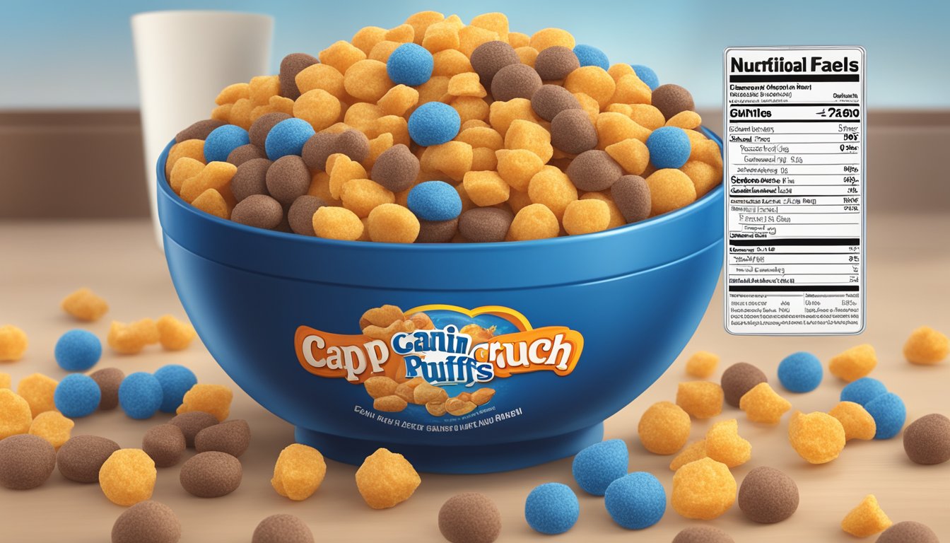 A bowl of Cap'n Crunch and Cocoa Puffs side by side, surrounded by nutritional labels and a scale