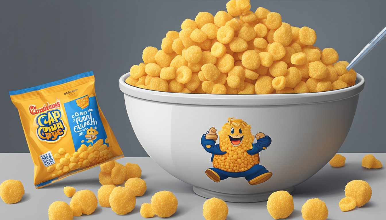 A bowl of Cap'n Crunch and a bowl of Corn Pops side by side, with a measuring tape and a nutrition label in the background