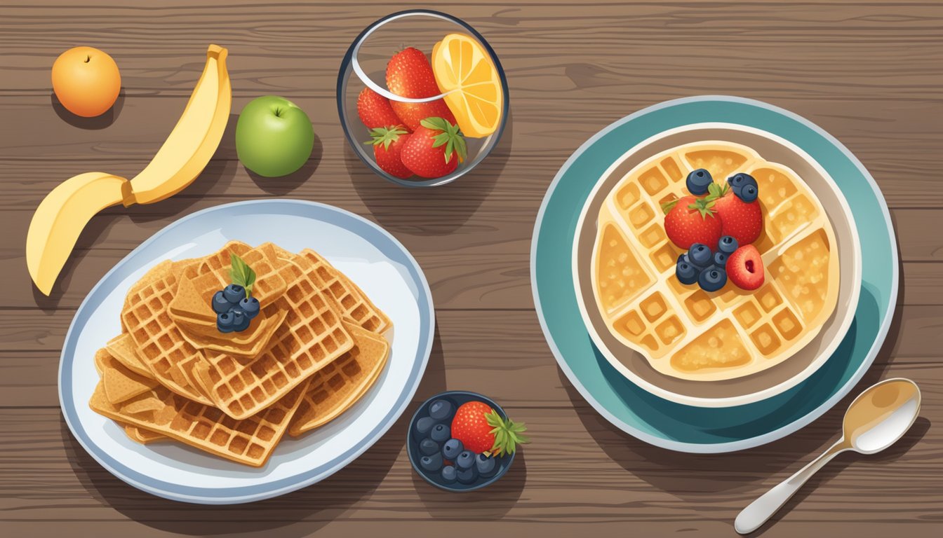 A bowl of All Bran and a bowl of Waffle Crisp sit side by side on a wooden table, surrounded by fresh fruits and a glass of water