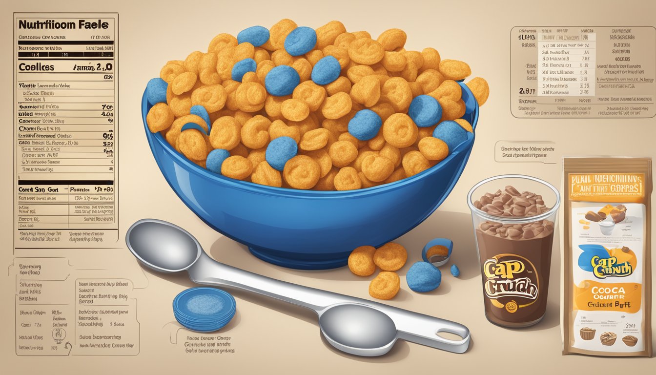 A bowl of Cap'n Crunch and Cocoa Puffs on a table, surrounded by nutritional information labels and a measuring tape