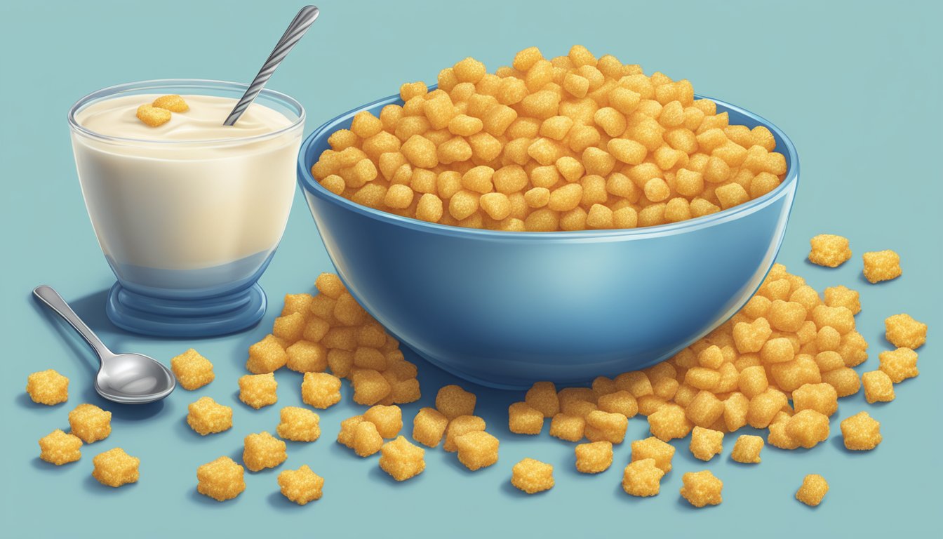 A bowl of Cap'n Crunch and Corn Pops side by side, surrounded by milk and a spoon