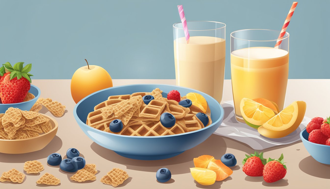 A bowl of All Bran cereal next to a bowl of Waffle Crisp cereal, surrounded by fresh fruit and a glass of milk