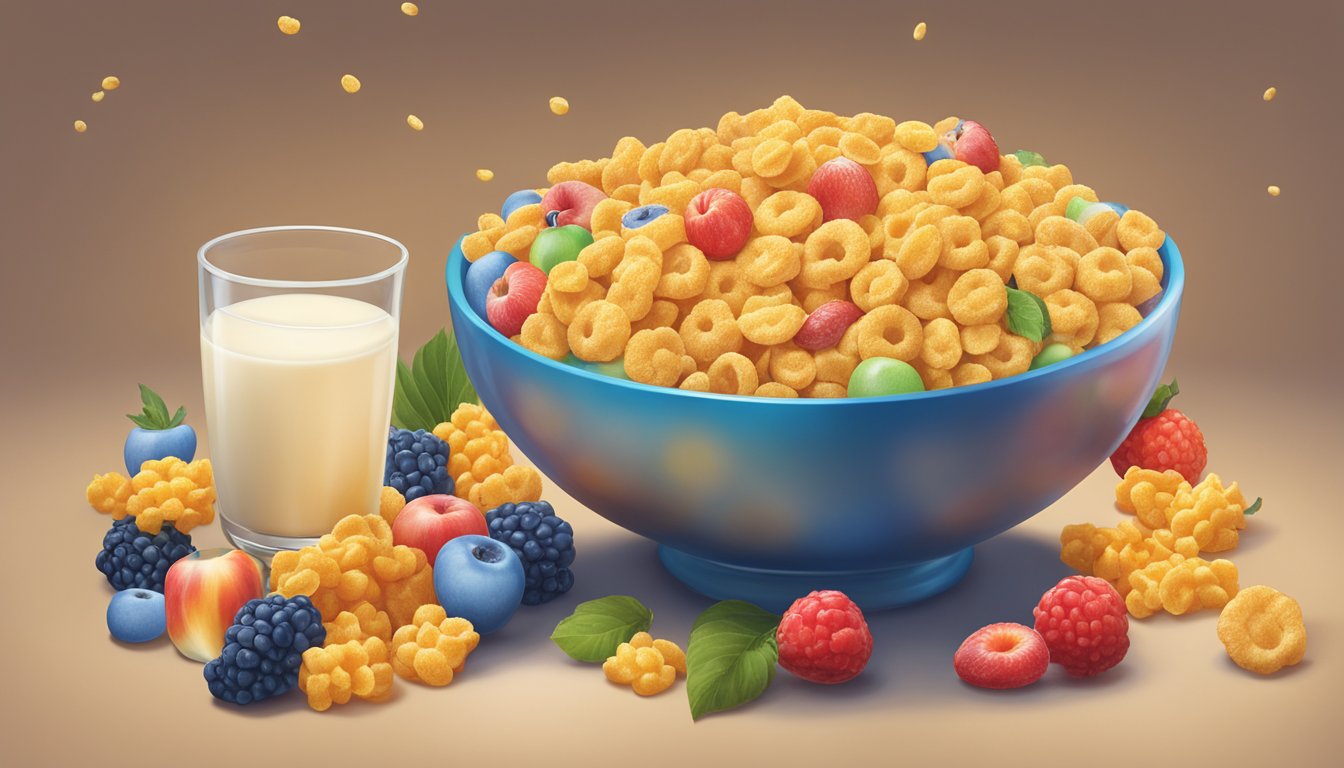 A bowl of Cap'n Crunch and a bowl of Corn Pops side by side, surrounded by a variety of fruits and a glass of milk