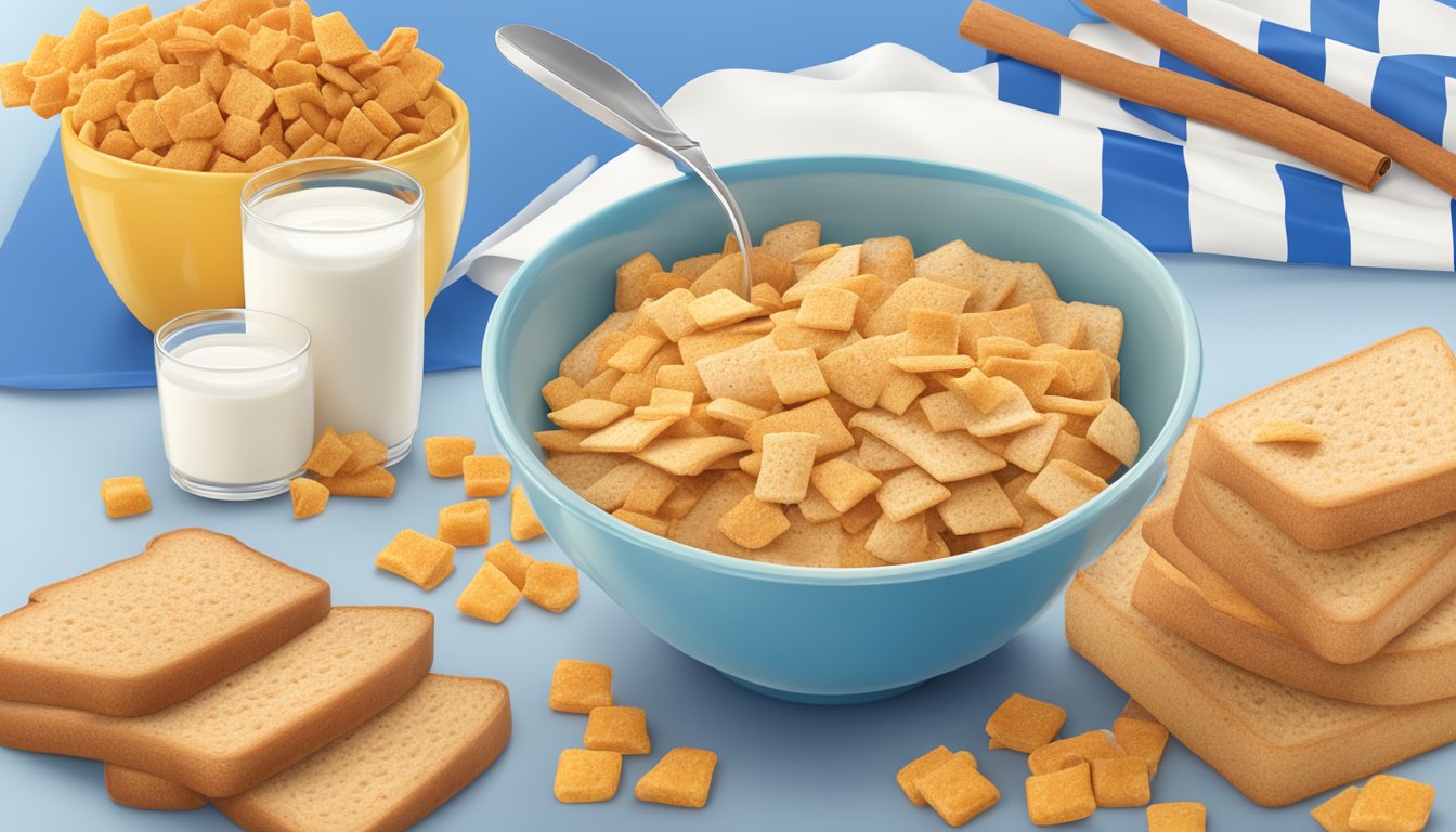 A bowl of Cap'n Crunch and Cinnamon Toast Crunch with milk, surrounded by nutritional labels and a measuring scale