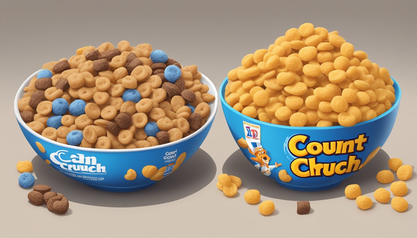 A bowl of Cap'n Crunch cereal and a bowl of Count Chocula cereal side by side, with a measuring tape and nutrition labels next to each