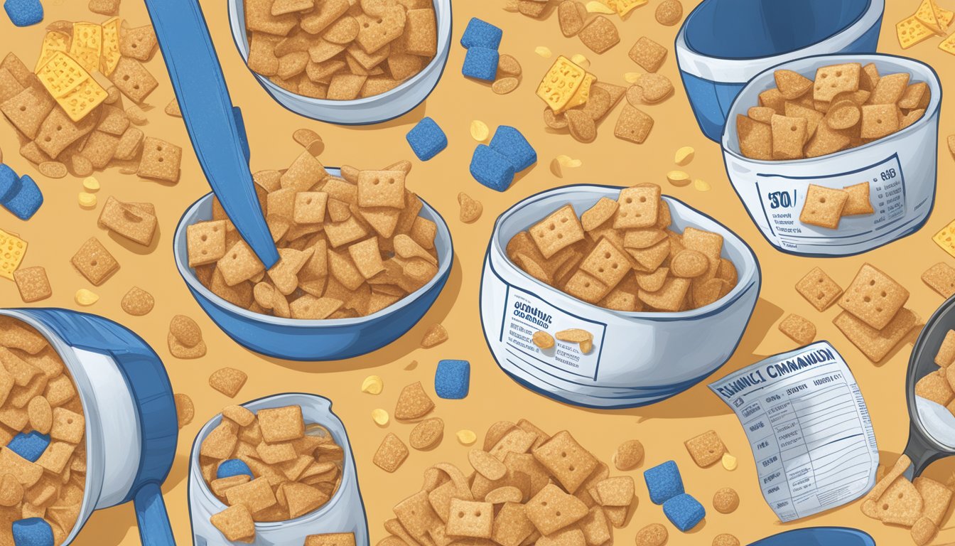 A bowl of Cap'n Crunch and Cinnamon Toast Crunch sit side by side, surrounded by nutritional labels and a measuring tape