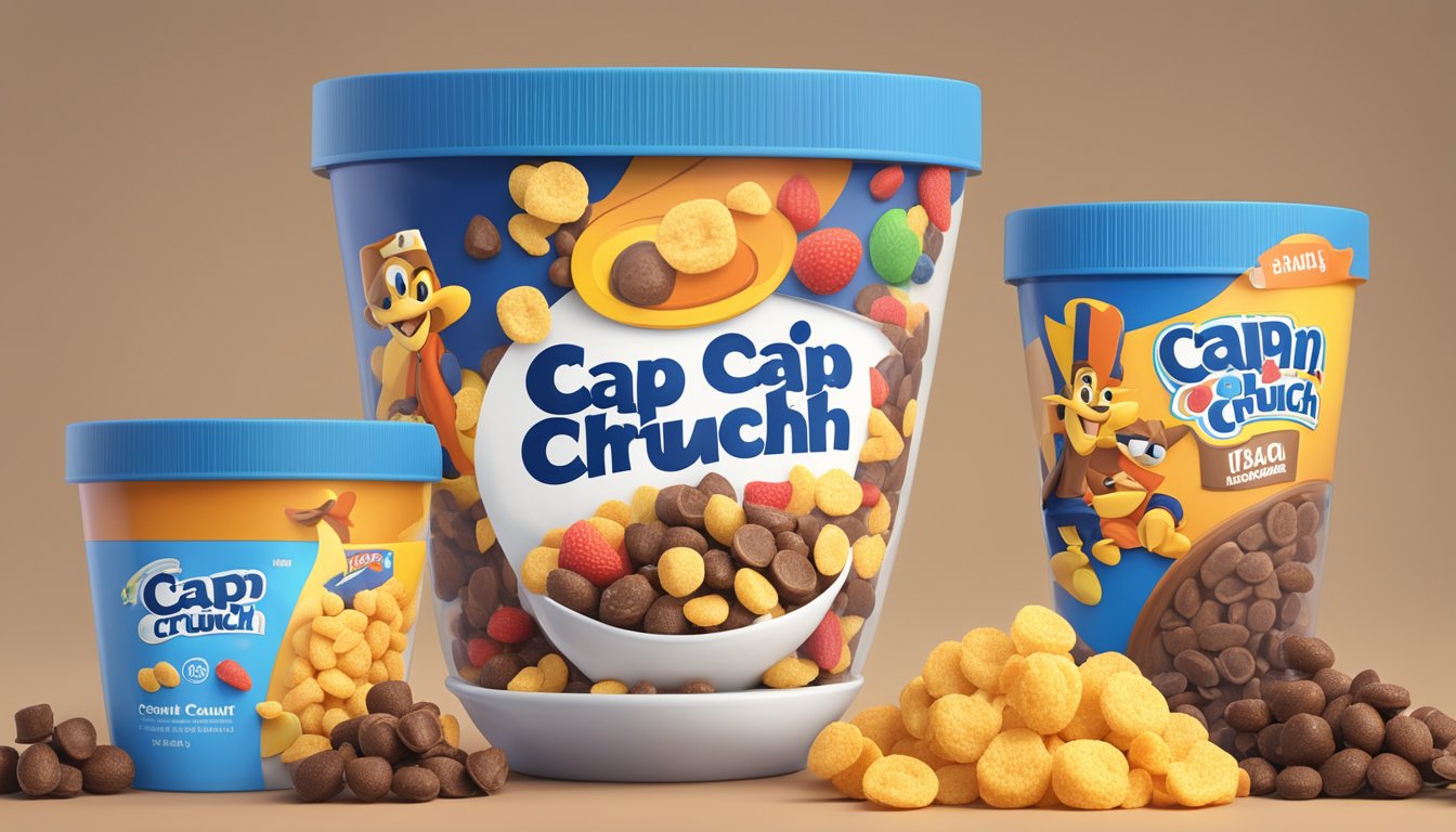 A bowl of Cap'n Crunch and Count Chocula cereal next to each other, with a nutrition label and a pile of assorted fruits in the background