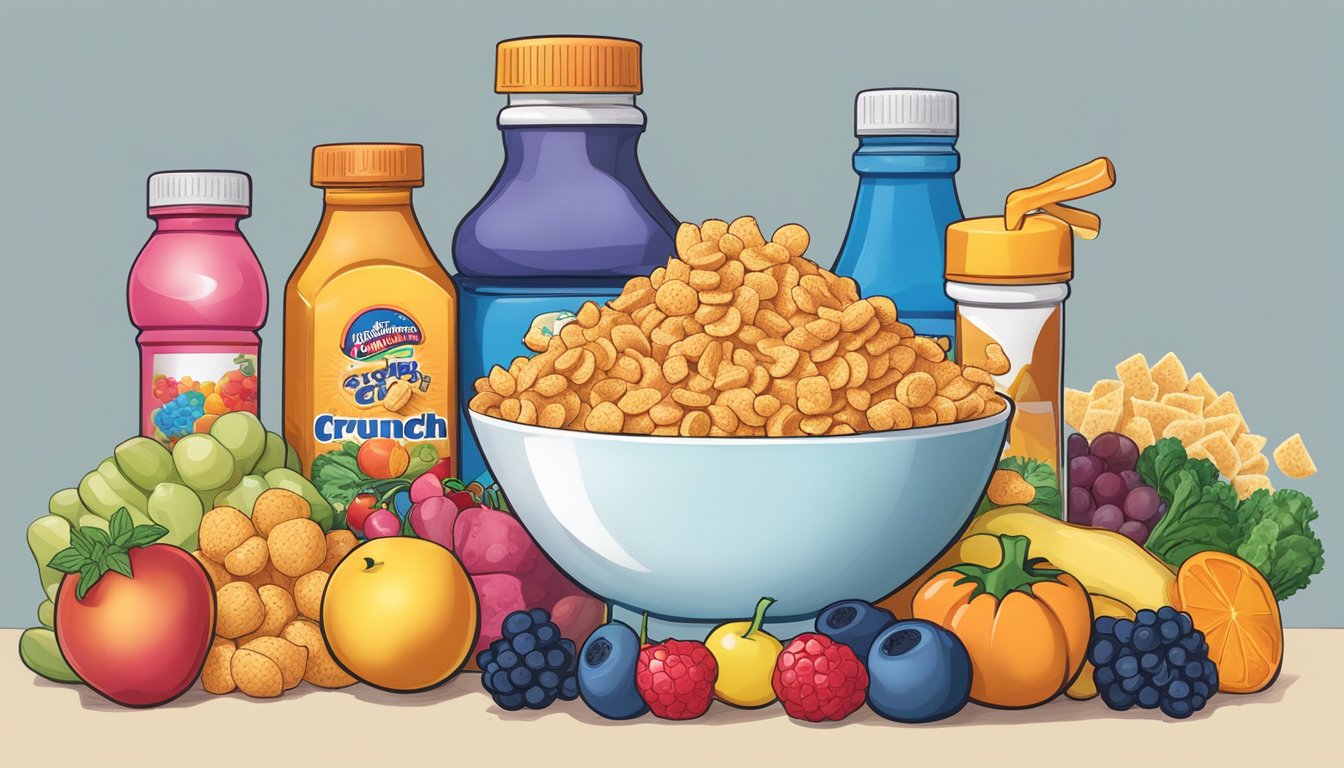 A bowl of Cap'n Crunch and Frosted Flakes surrounded by colorful fruits and vegetables. A bottle of vitamins and minerals sits nearby