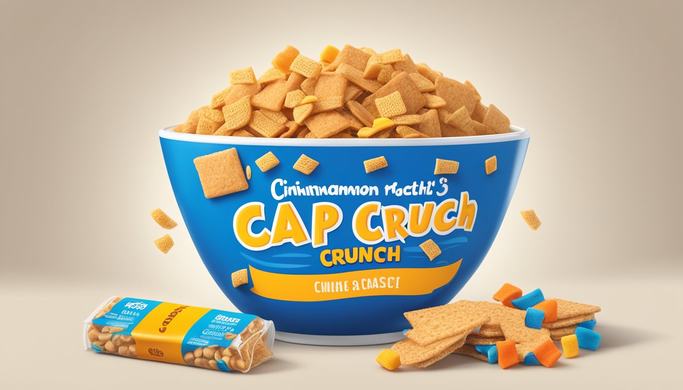 A bowl of Cap'n Crunch and a bowl of Cinnamon Toast Crunch side by side, surrounded by nutritional labels and a tape measure