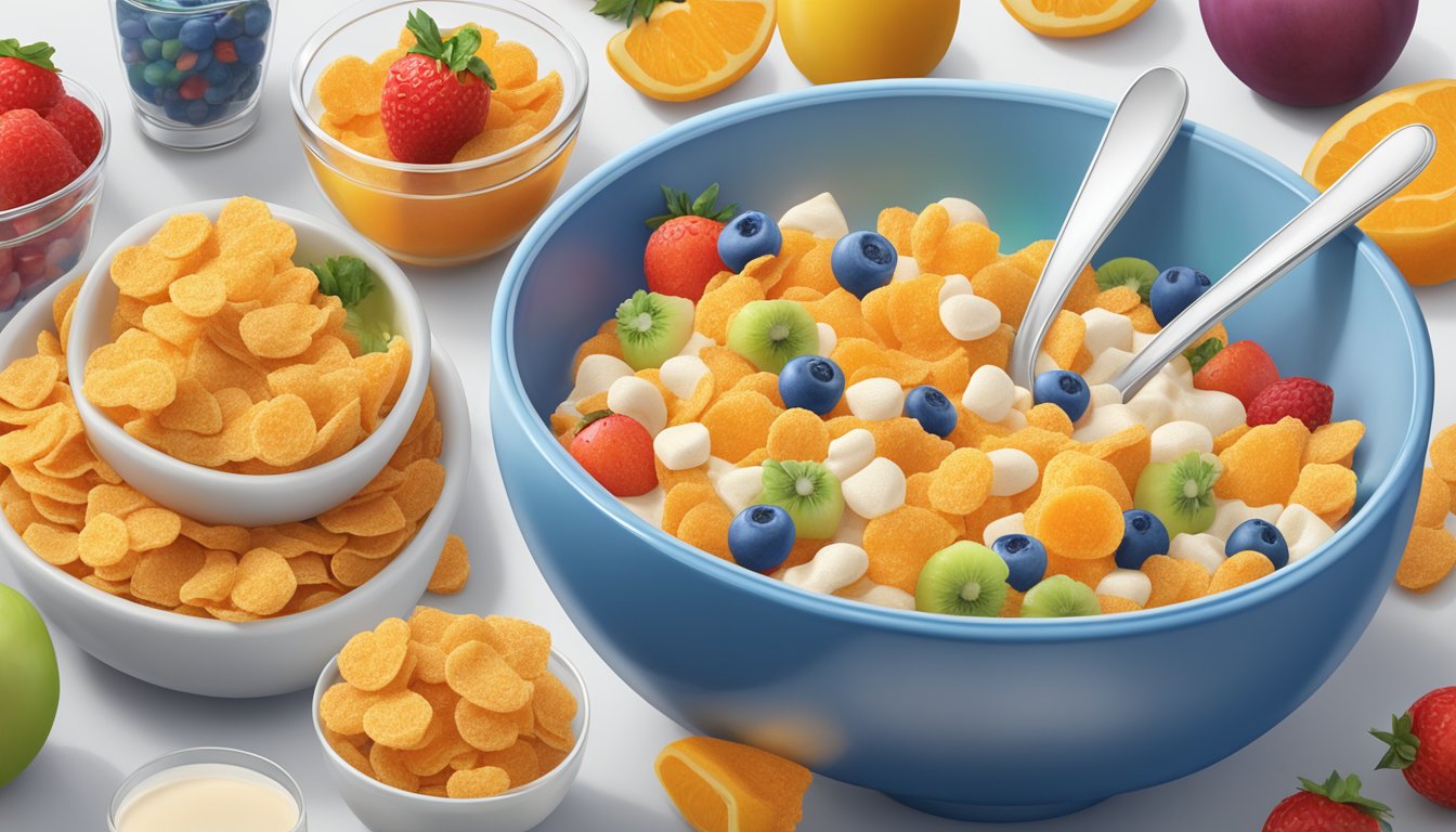 A bowl of Cap'n Crunch and Frosted Flakes next to each other, with a glass of milk and a spoon, surrounded by fruits and vegetables