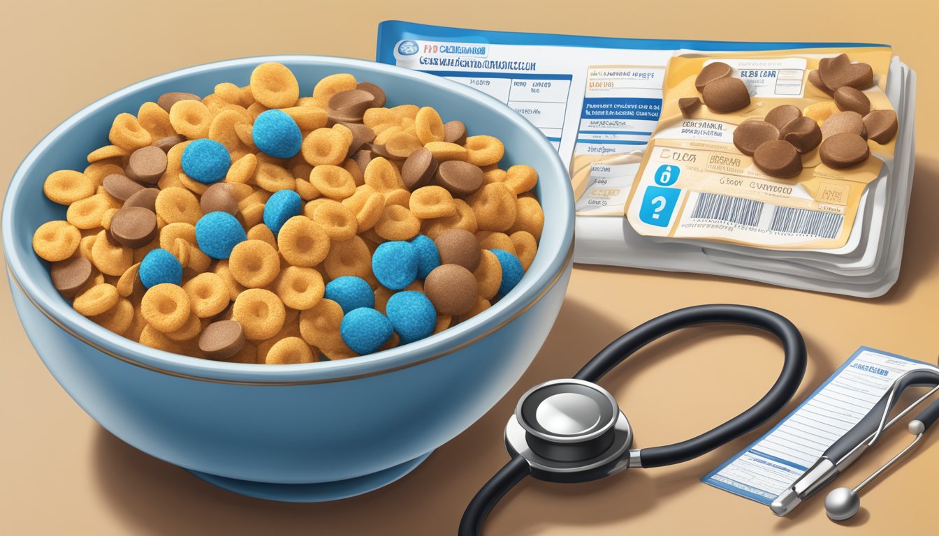 A bowl of Cap'n Crunch and Count Chocula cereal next to each other with a nutrition label and a doctor's stethoscope nearby