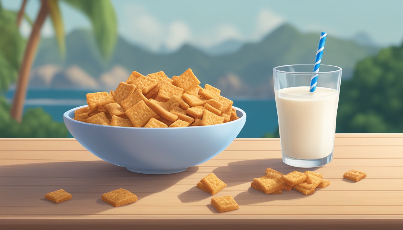 A bowl of Cap'n Crunch and a bowl of Cinnamon Toast Crunch sit side by side on a table, surrounded by various fruits and a glass of milk