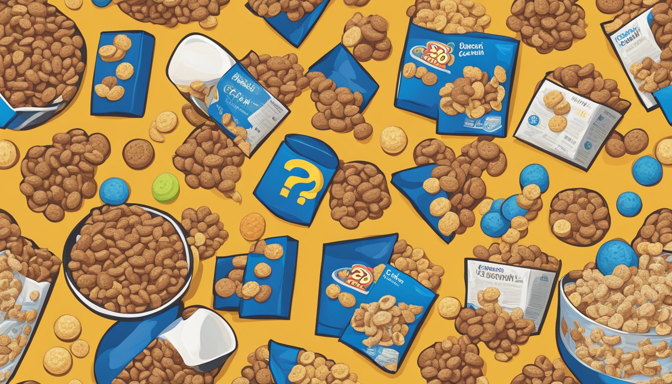 A bowl of Cap'n Crunch and Count Chocula cereal boxes side by side, surrounded by question marks and health-related symbols