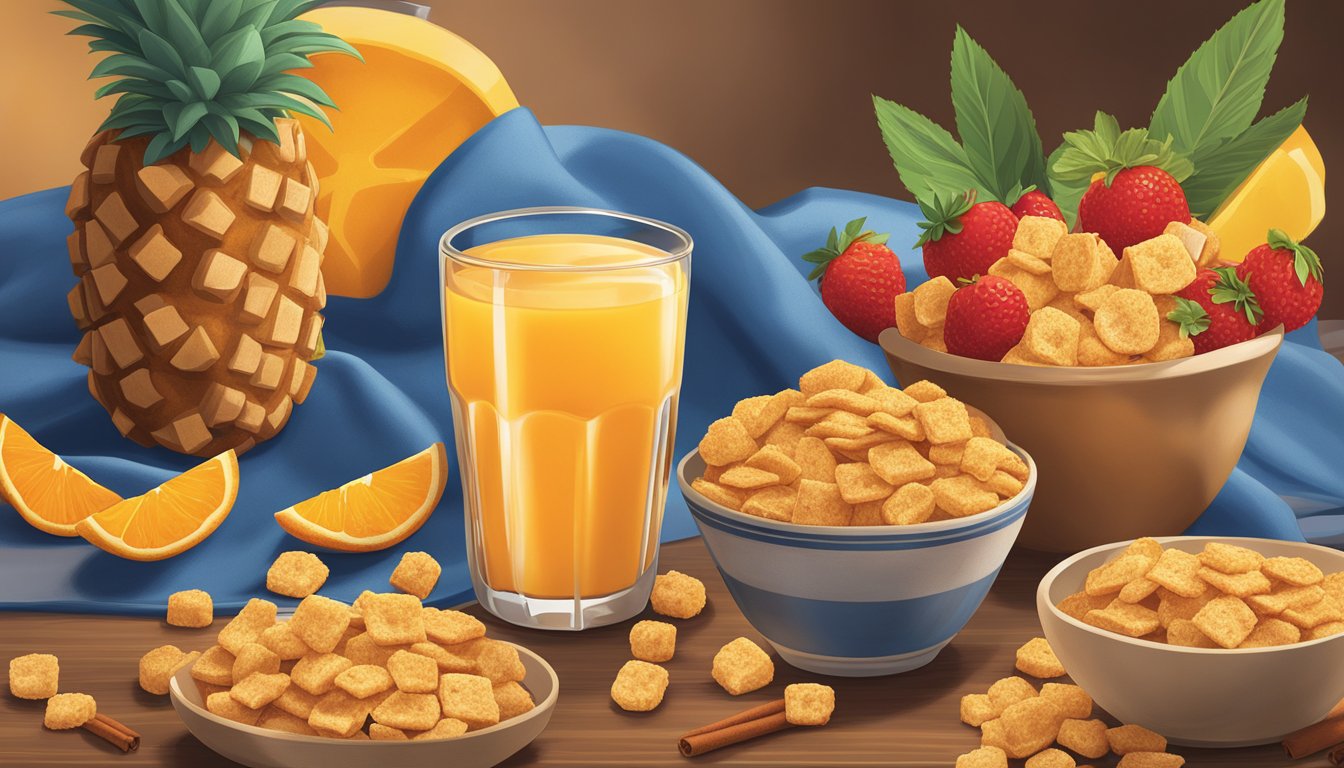 A bowl of Cap'n Crunch and a bowl of Cinnamon Toast Crunch sit side by side on a table, surrounded by a variety of fresh fruit and a glass of orange juice