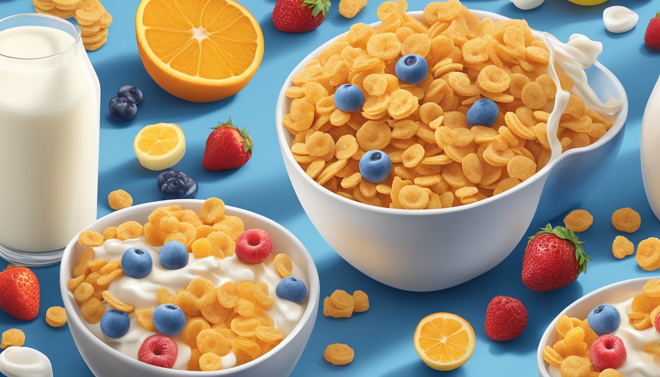 A bowl of Cap'n Crunch and Frosted Flakes side by side, surrounded by a variety of fruits and a glass of milk