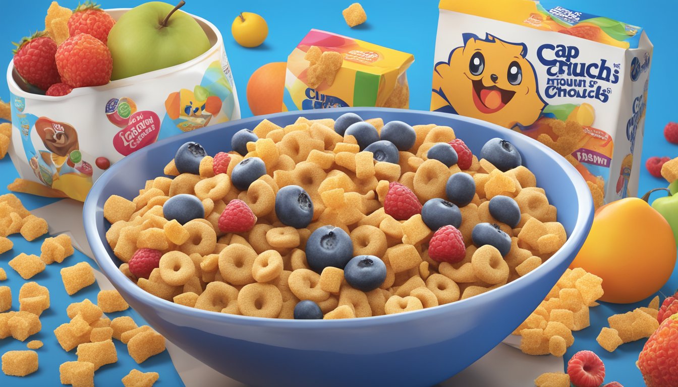 A bowl of Cap'n Crunch and Count Chocula cereal boxes surrounded by various fruits and whole grain options