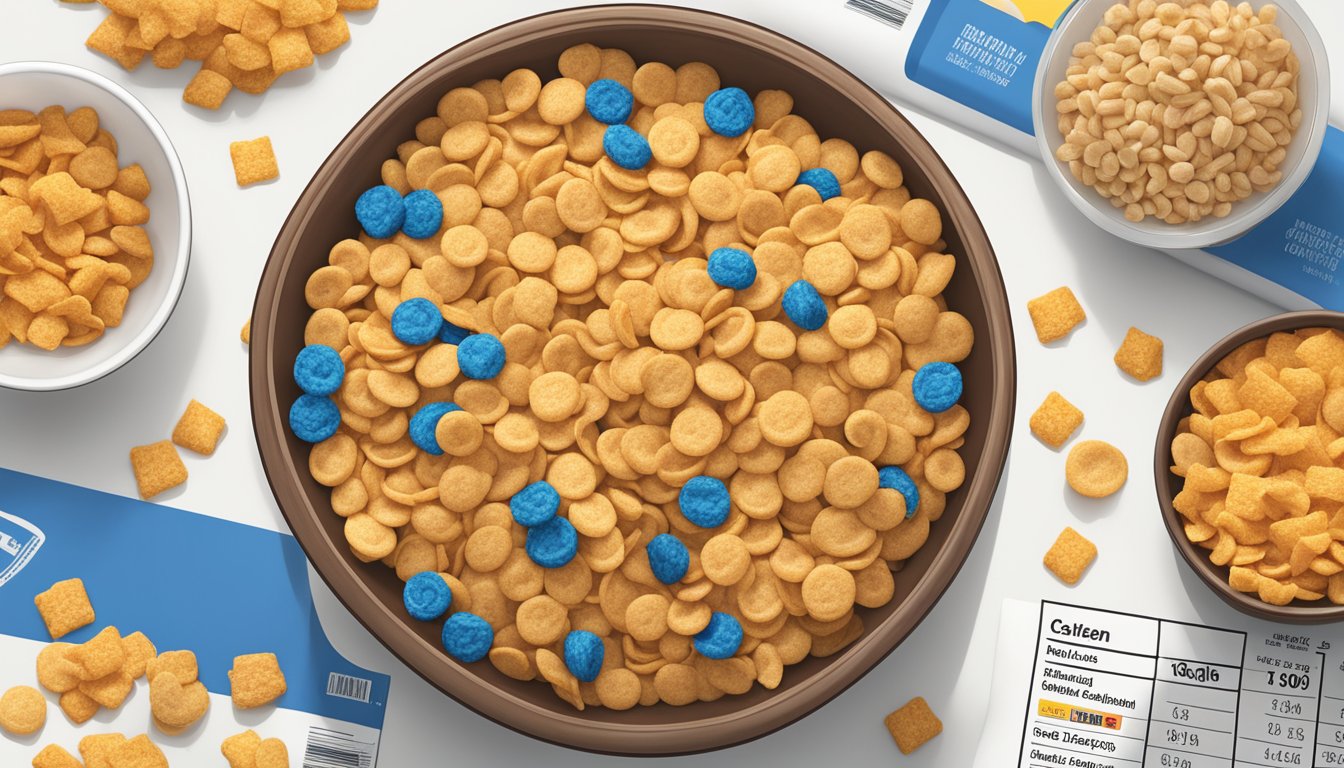 A bowl of Cap'n Crunch and Cookie Crisp cereal next to a nutritional label, with ingredients scattered around