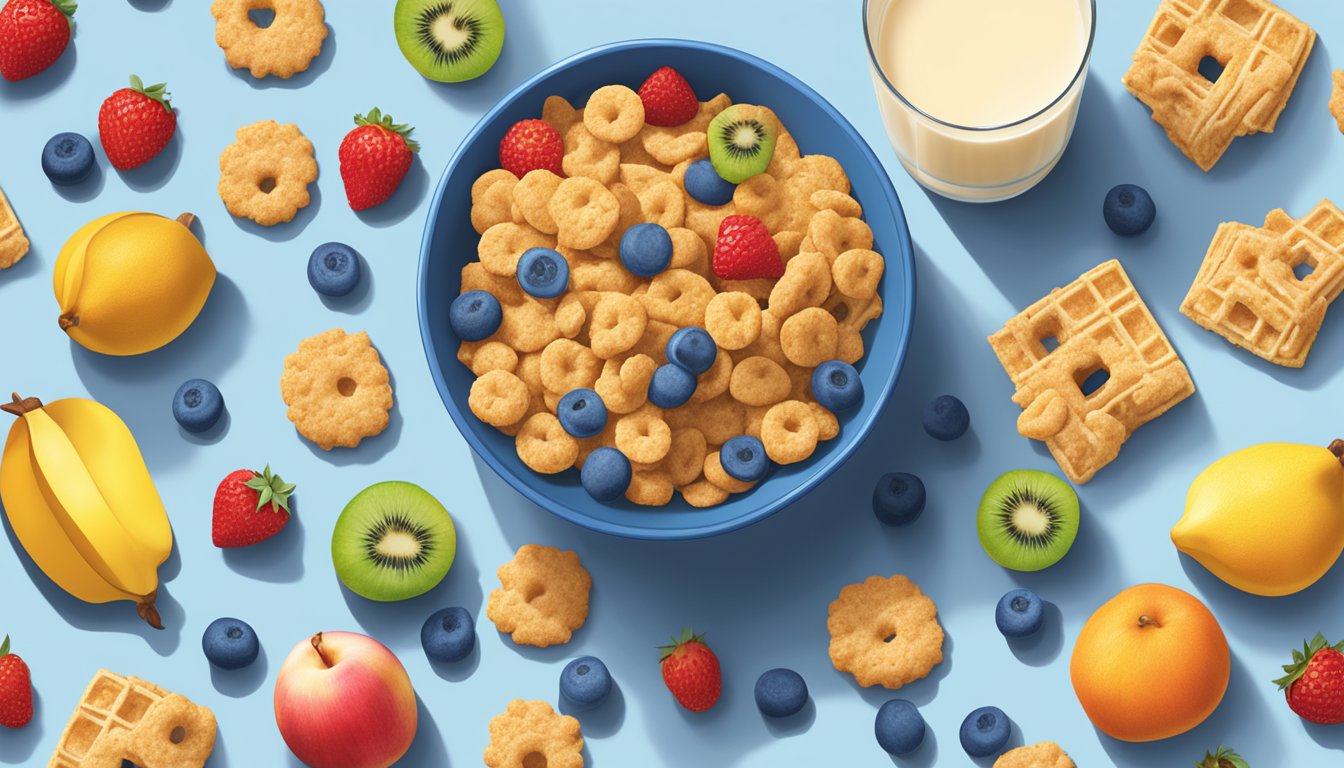 A bowl of Cap'n Crunch and Cookie Crisp cereal next to each other, surrounded by various fruits and a glass of milk