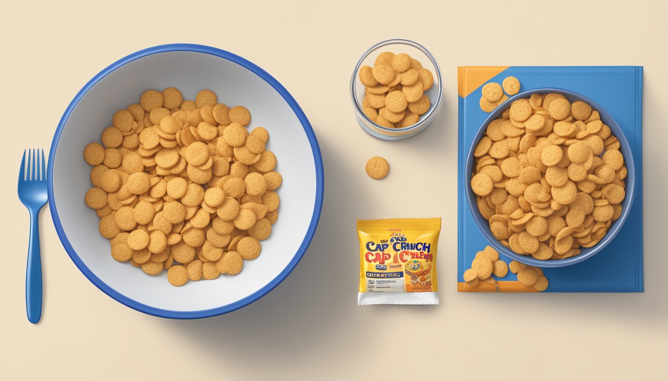 A bowl of Cap'n Crunch and Cookie Crisp side by side, surrounded by nutritional information labels and a measuring tape