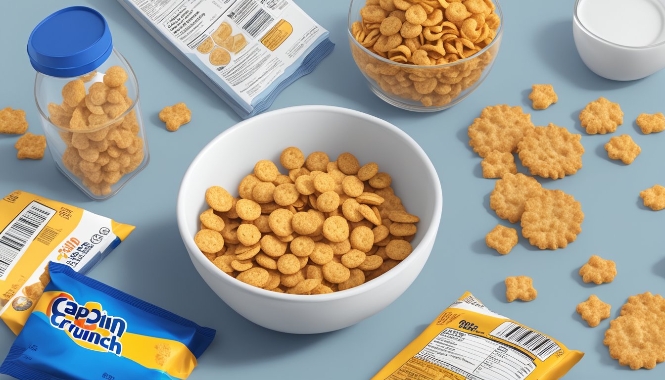 A bowl of Cap'n Crunch and Cookie Crisp cereal next to a nutrition label