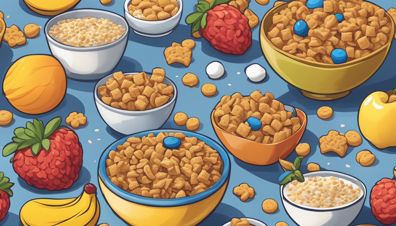 A bowl of Cap'n Crunch and Cookie Crisp sit side by side, surrounded by images of whole grains, fruit, and milk