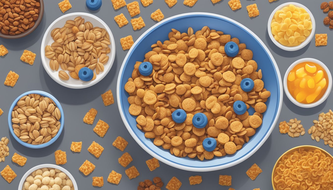 A bowl of Cap'n Crunch and Honey Smacks side by side, surrounded by various healthy cereal options like granola and bran flakes