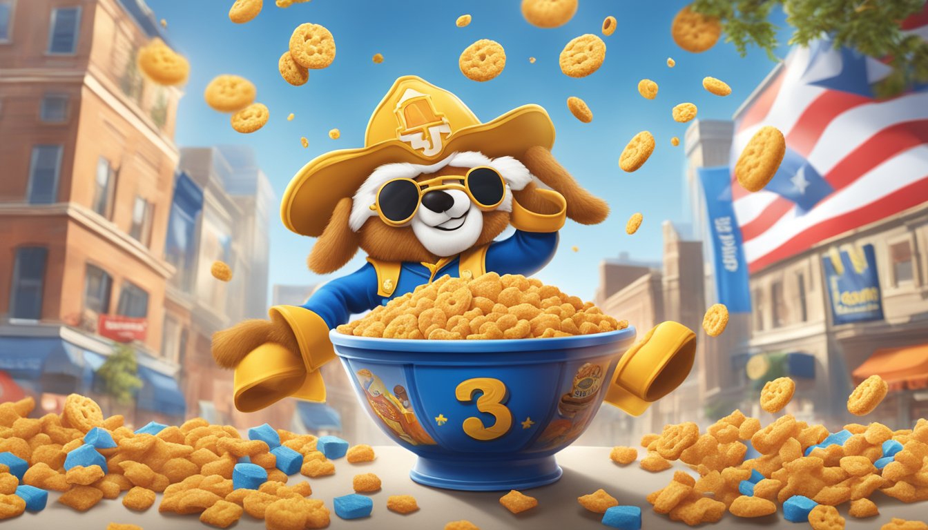 A bowl of Cap'n Crunch and Cookie Crisp cereal surrounded by marketing materials and cultural symbols, with a scale in the background