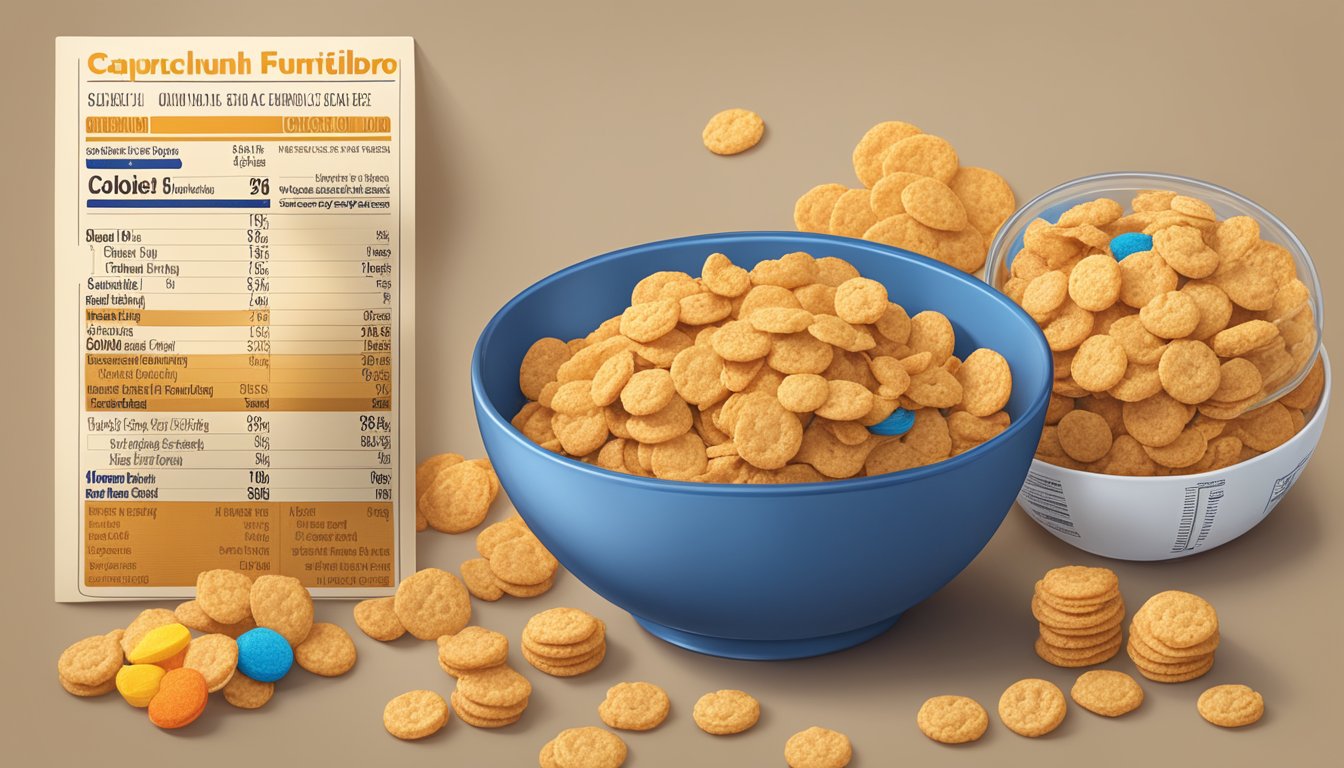 A bowl of Cap'n Crunch and a bowl of Cookie Crisp sit side by side, surrounded by nutritional information labels and a measuring tape