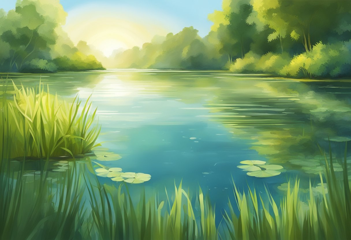 A serene pond with lush greenery, sunlight filtering through the water, and tench swimming gracefully among the reeds