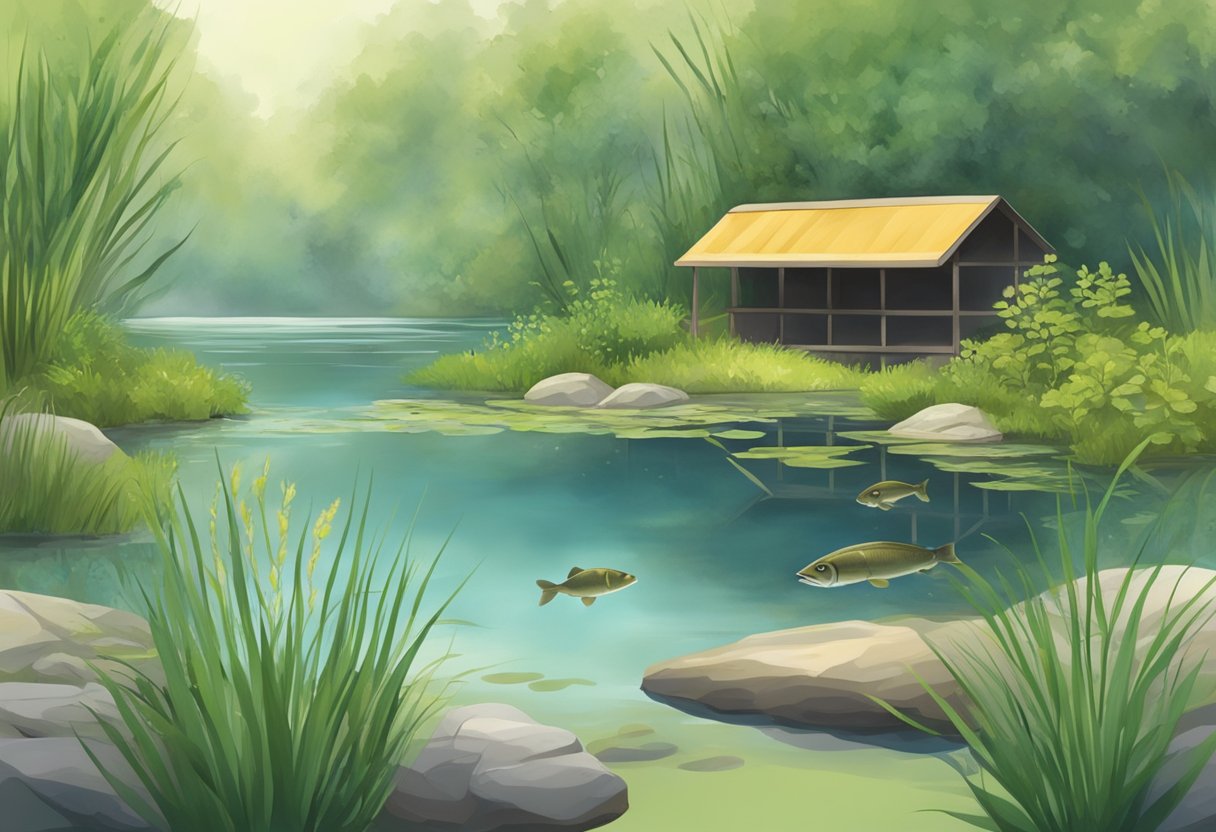 A serene pond with clear water, aquatic plants, and a small shelter for tench