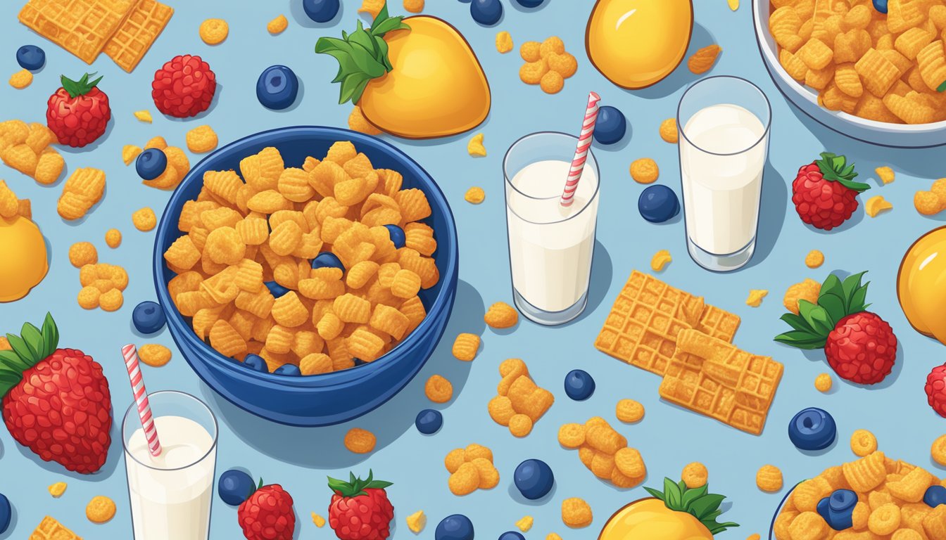 A bowl of Cap'n Crunch and Crispix side by side, surrounded by colorful fruits and a glass of milk