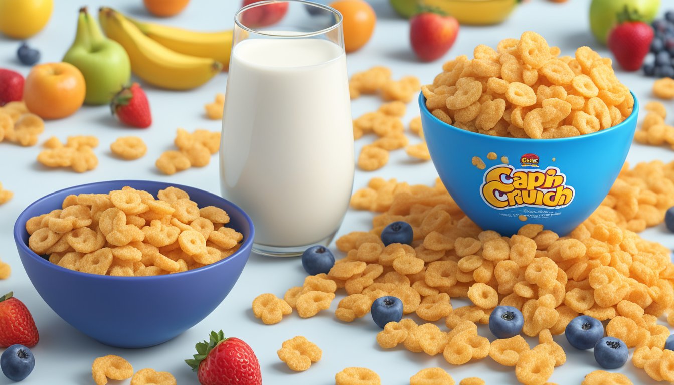 A bowl of Cap'n Crunch and Kaboom cereals side by side, surrounded by a variety of fresh fruits and a glass of milk, with a nutrition label in the background