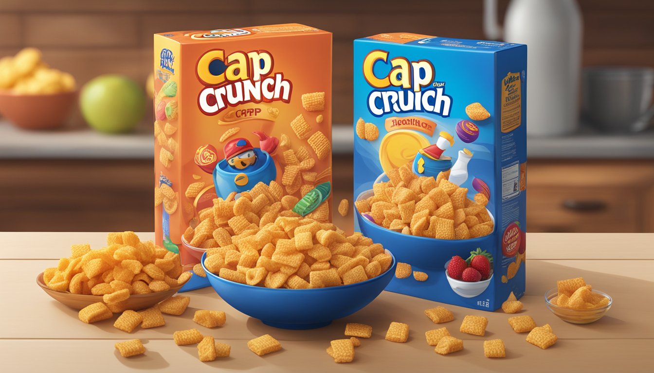 A bowl of Cap'n Crunch and a bowl of Crispix sit side by side, surrounded by various fruits and a glass of milk