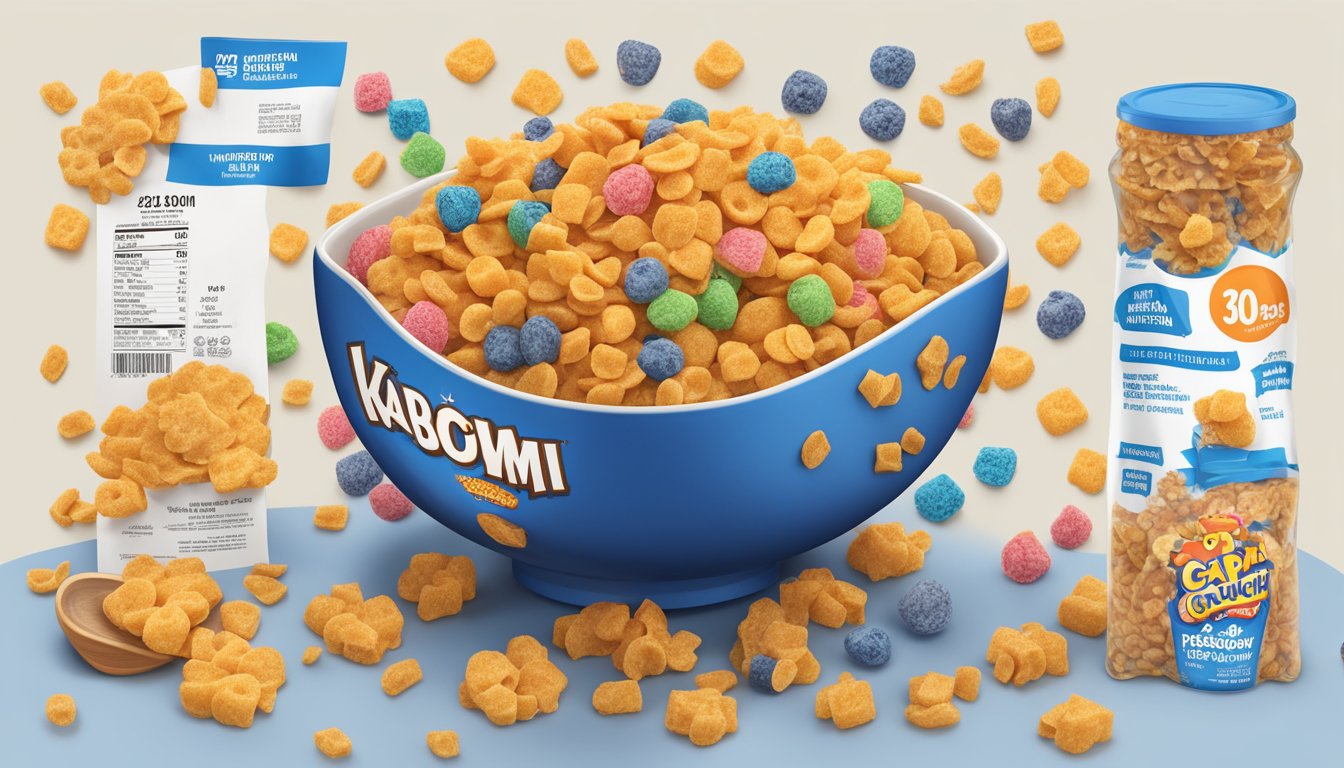 A bowl of Cap'n Crunch and Kaboom cereal side by side, surrounded by nutritional information labels and a measuring tape