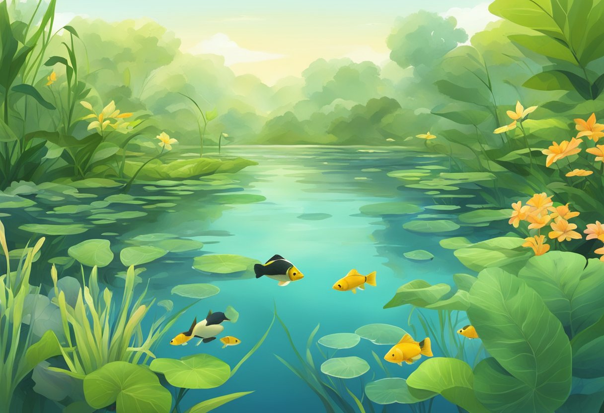 A serene pond with lush greenery, clear water, and tench swimming peacefully, surrounded by vibrant aquatic plants and a variety of small fish